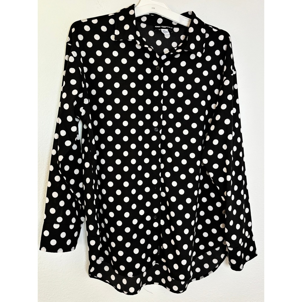 Karl Lagerfeld Paris Polka Dot Button Down Blouse Black White Medium